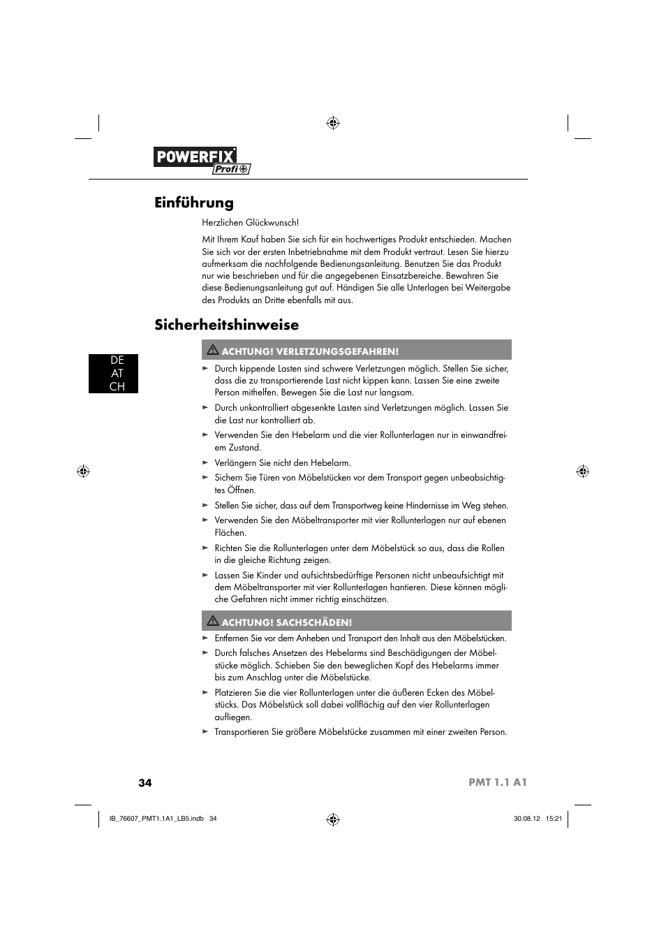 Einführung, Sicherheitshinweise, De at ch | Powerfix PMT 1.1 A1 User Manual | Page 37 / 43