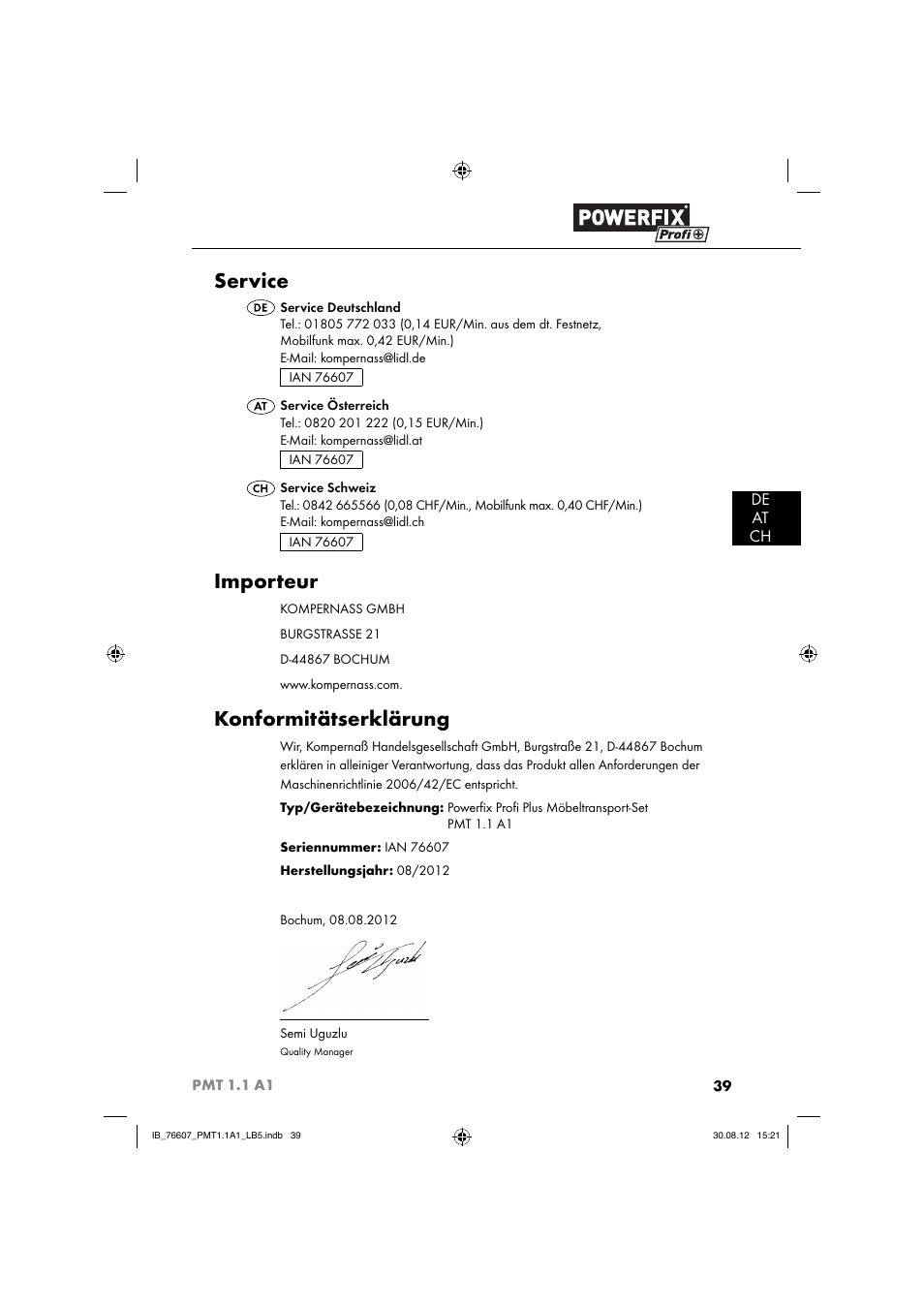 Service, Importeur, Konformitätserklärung | De at ch | Powerfix PMT 1.1 A1 User Manual | Page 42 / 43