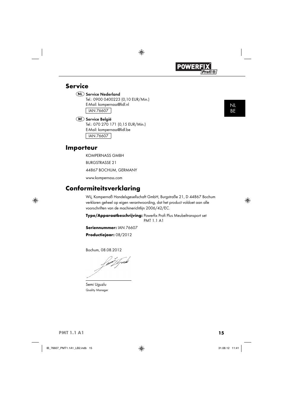 Service, Importeur, Conformiteitsverklaring | Nl be | Powerfix PMT 1.1 A1 User Manual | Page 18 / 36