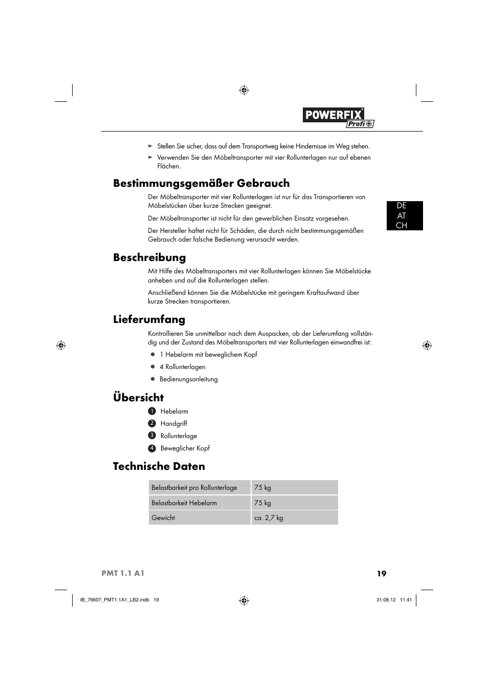Bestimmungsgemäßer gebrauch, Beschreibung, Lieferumfang | Übersicht, Technische daten, De at ch | Powerfix PMT 1.1 A1 User Manual | Page 22 / 36