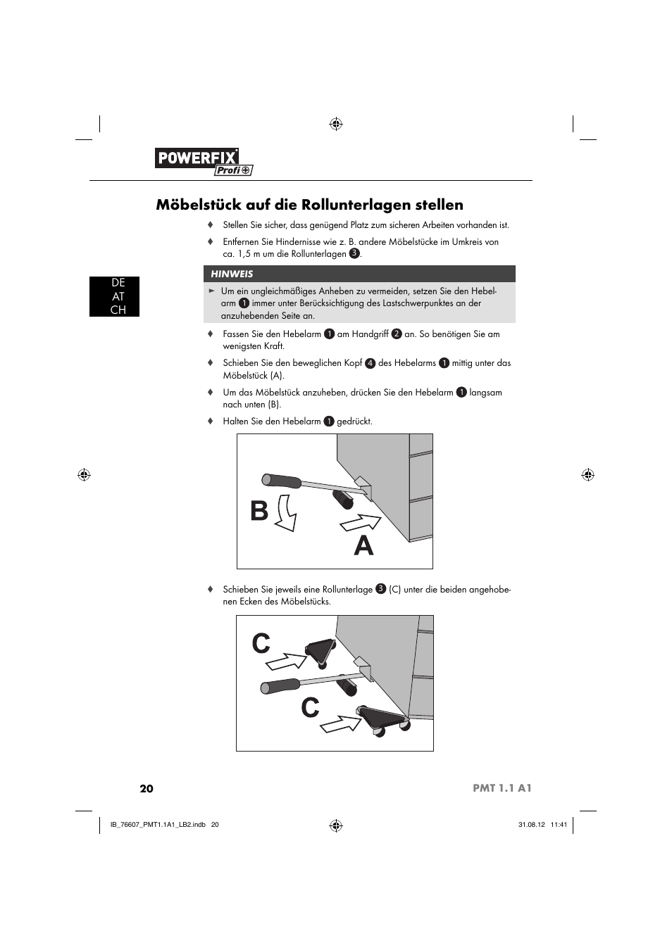 Möbelstück auf die rollunterlagen stellen | Powerfix PMT 1.1 A1 User Manual | Page 23 / 36