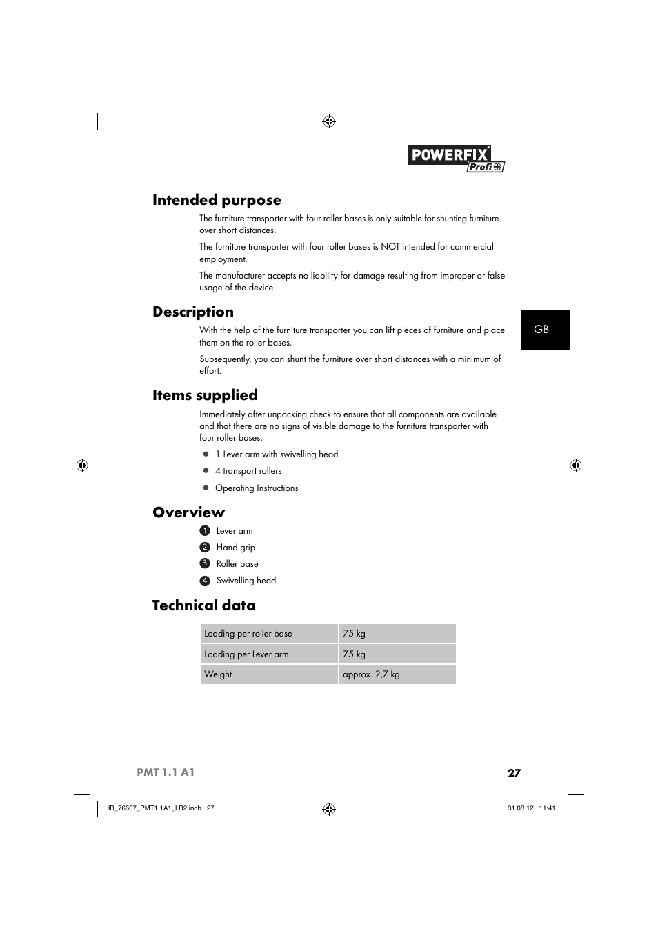 Intended purpose, Description, Items supplied | Overview, Technical data | Powerfix PMT 1.1 A1 User Manual | Page 30 / 36