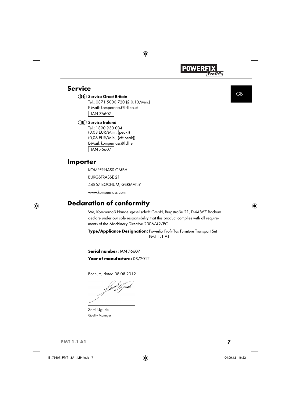 Service, Importer, Declaration of conformity | Powerfix PMT 1.1 A1 User Manual | Page 10 / 60