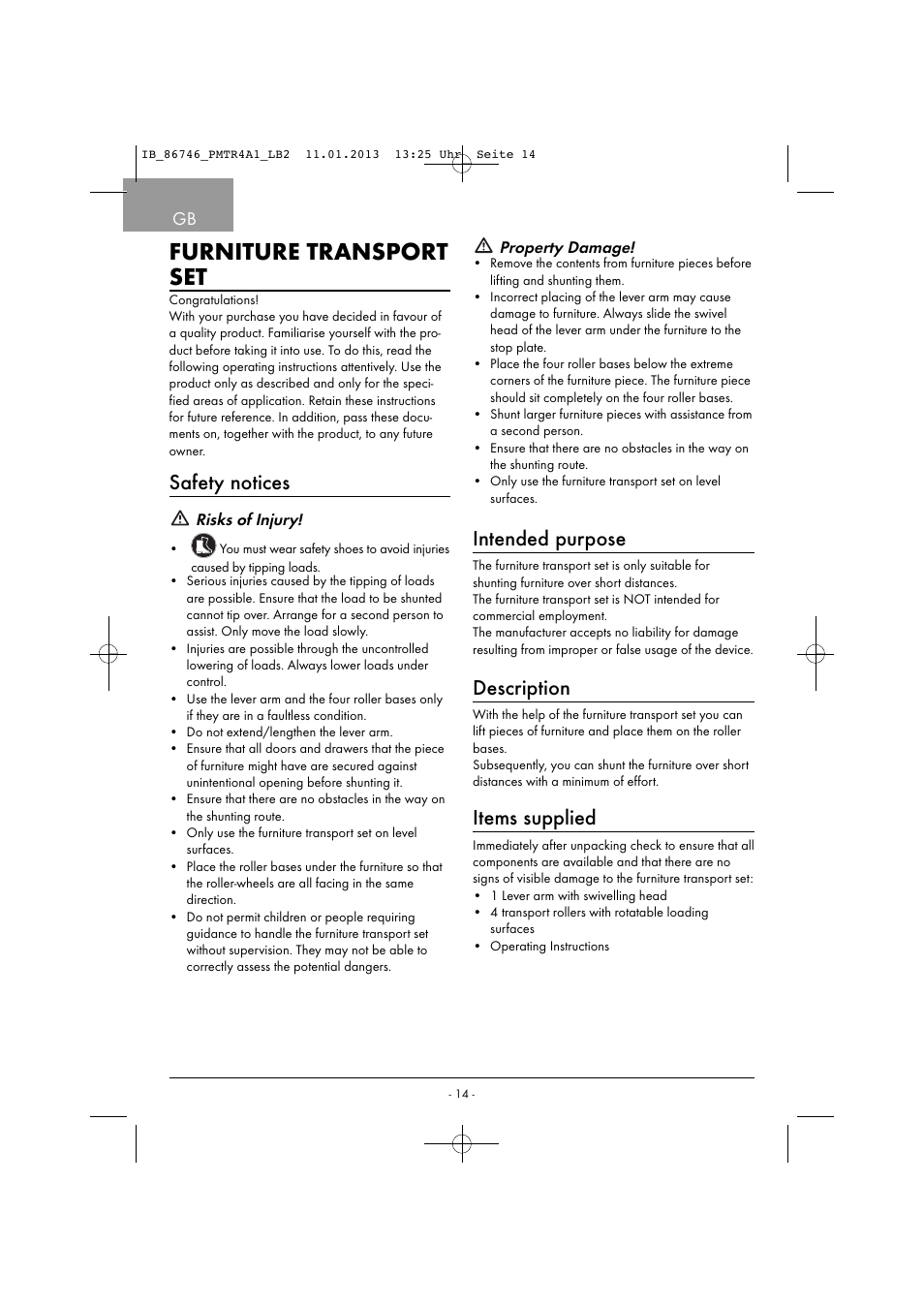 Furniture transport set, Safety notices, Intended purpose | Description, Items supplied | Powerfix PMTR 4 A1 User Manual | Page 17 / 22