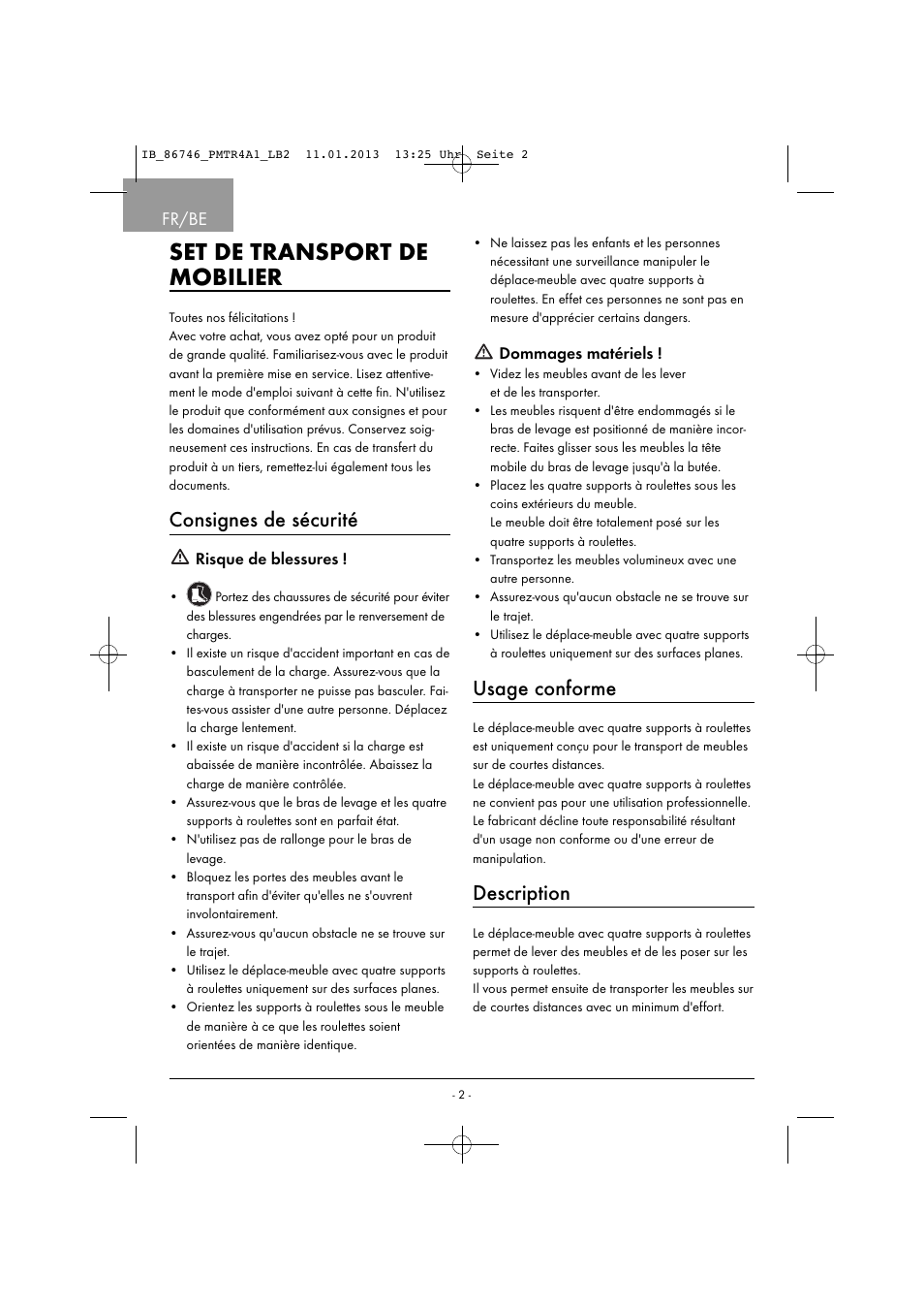 Set de transport de mobilier, Consignes de sécurité, Usage conforme | Description, Fr/be | Powerfix PMTR 4 A1 User Manual | Page 5 / 22