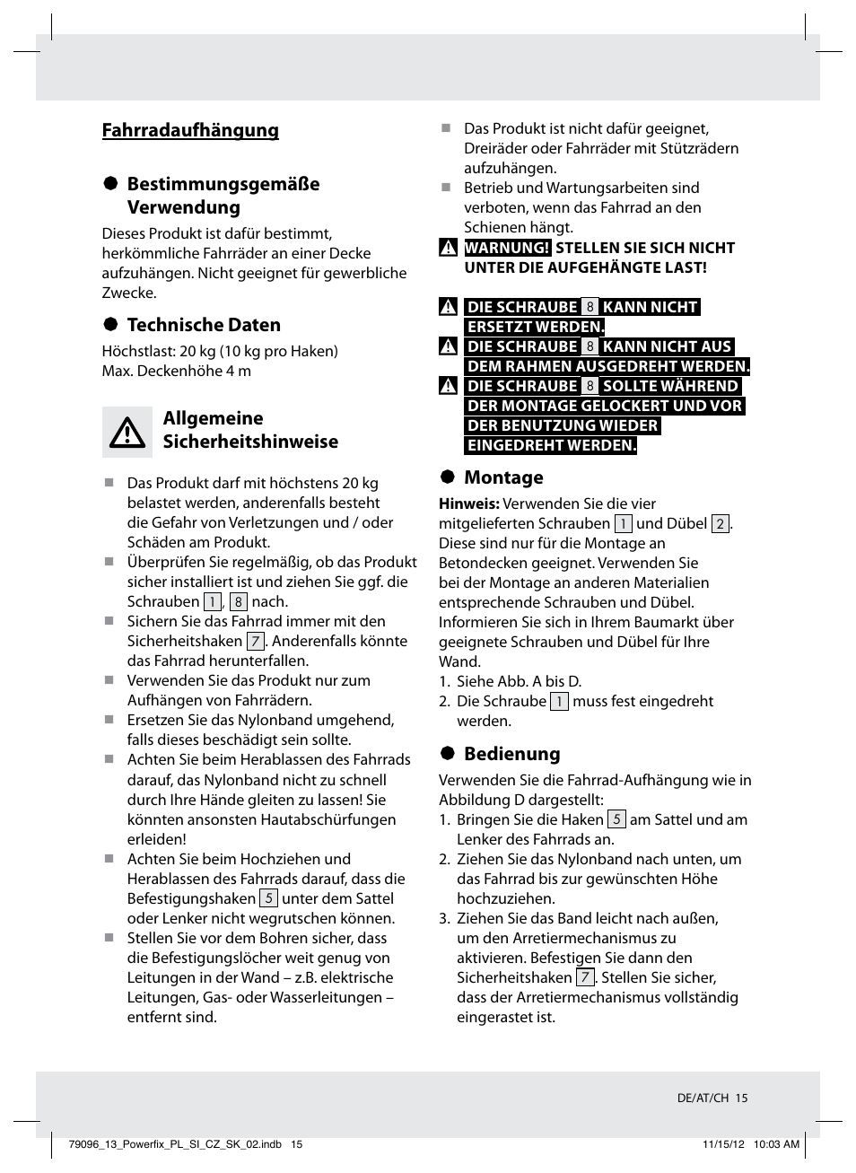 Fahrradaufhängung § bestimmungsgemäße verwendung, Technische daten, Allgemeine sicherheitshinweise | Montage, Bedienung | Powerfix Z31331 User Manual | Page 15 / 18