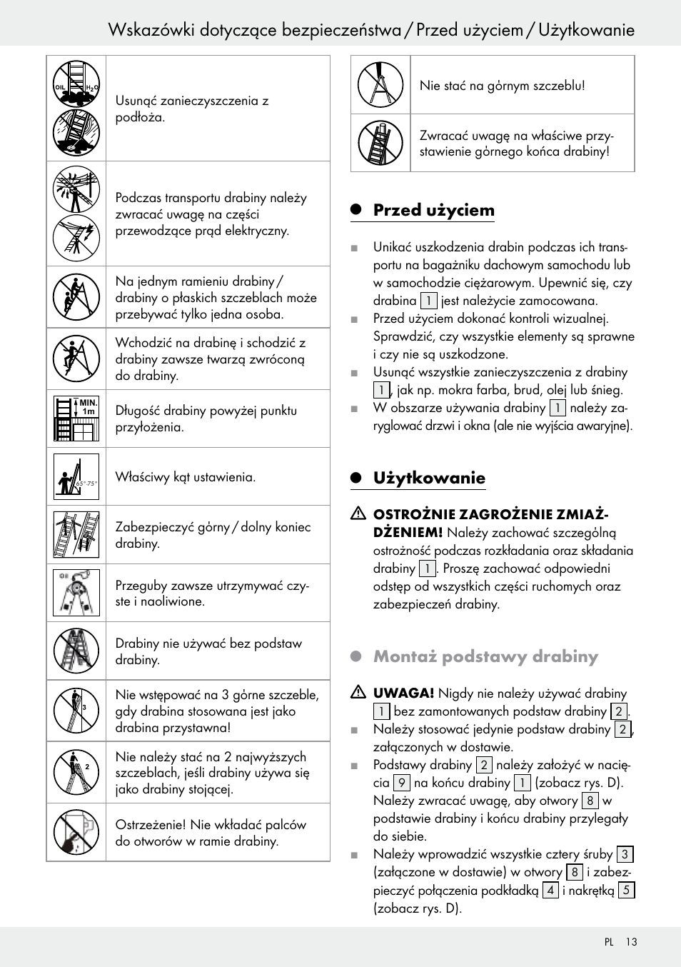 Q przed użyciem, Q użytkowanie, Q montaż podstawy drabiny | Przed użyciem, Użytkowanie, Montaż podstawy drabiny | Powerfix Z30473 User Manual | Page 13 / 48