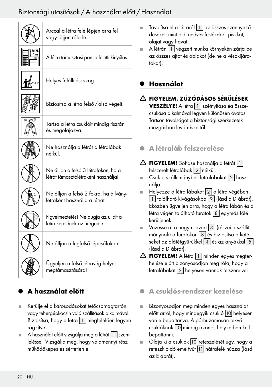 Q a használat előtt, Q használat, Q a létraláb felszerelése | Q a csuklós-rendszer kezelése, A használat előtt, Oldal 20, Használat, A létraláb felszerelése, A csuklós-rendszer kezelése | Powerfix Z30473 User Manual | Page 20 / 48