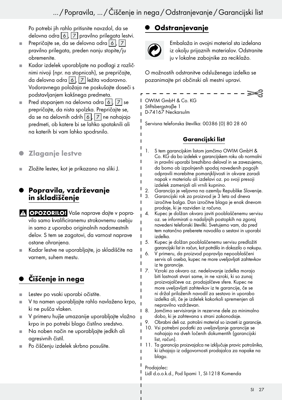 Q zlaganje lestve, Q popravila, vzdrževanje in skladiščenje, Q čiščenje in nega | Q odstranjevanje, Garancijski list, Popravila, vzdrževanje in skladiščenje, Stran 27, Čiščenje in nega, Odstranjevanje, Zlaganje lestve | Powerfix Z30473 User Manual | Page 27 / 48