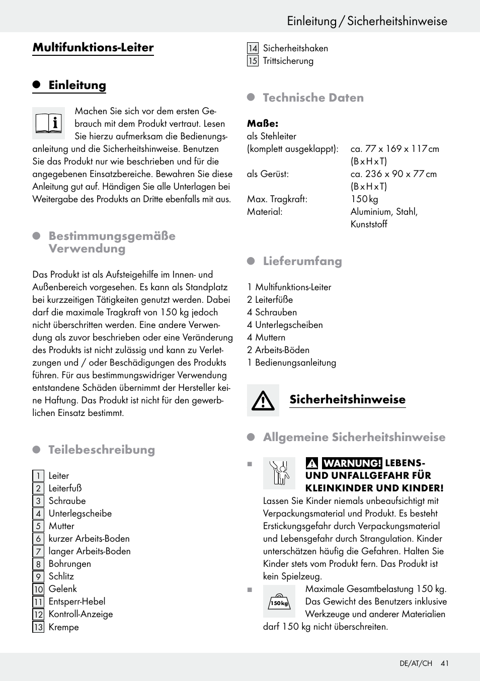 Q allgemeine sicherheitshinweise, Q lieferumfang, Sicherheitshinweise | Q technische daten, Q teilebeschreibung, Q bestimmungsgemäße verwendung, Q einleitung, Einleitung, Einleitung / sicherheitshinweise, Multifunktions-leiter | Powerfix Z30473 User Manual | Page 41 / 48