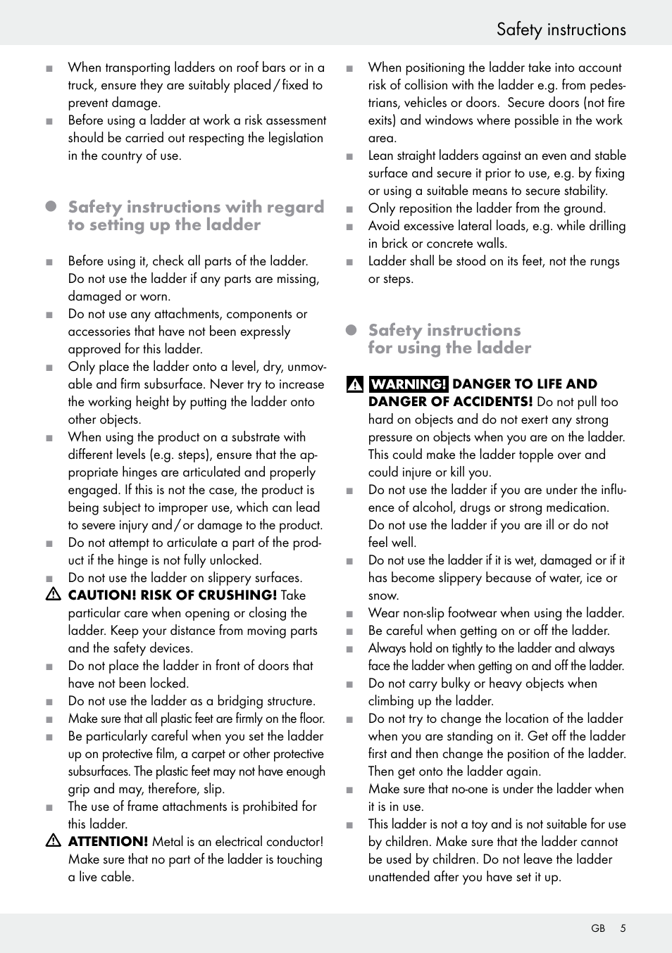 Q safety instructions for using the ladder, Safety instructions, Safety instructions for using the ladder | Powerfix Z30473 User Manual | Page 5 / 48