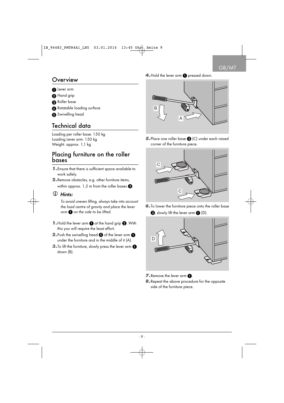 Overview, Technical data, Placing furniture on the roller bases | Gb/mt, Hints | Powerfix PMTR 4 A1 User Manual | Page 12 / 21
