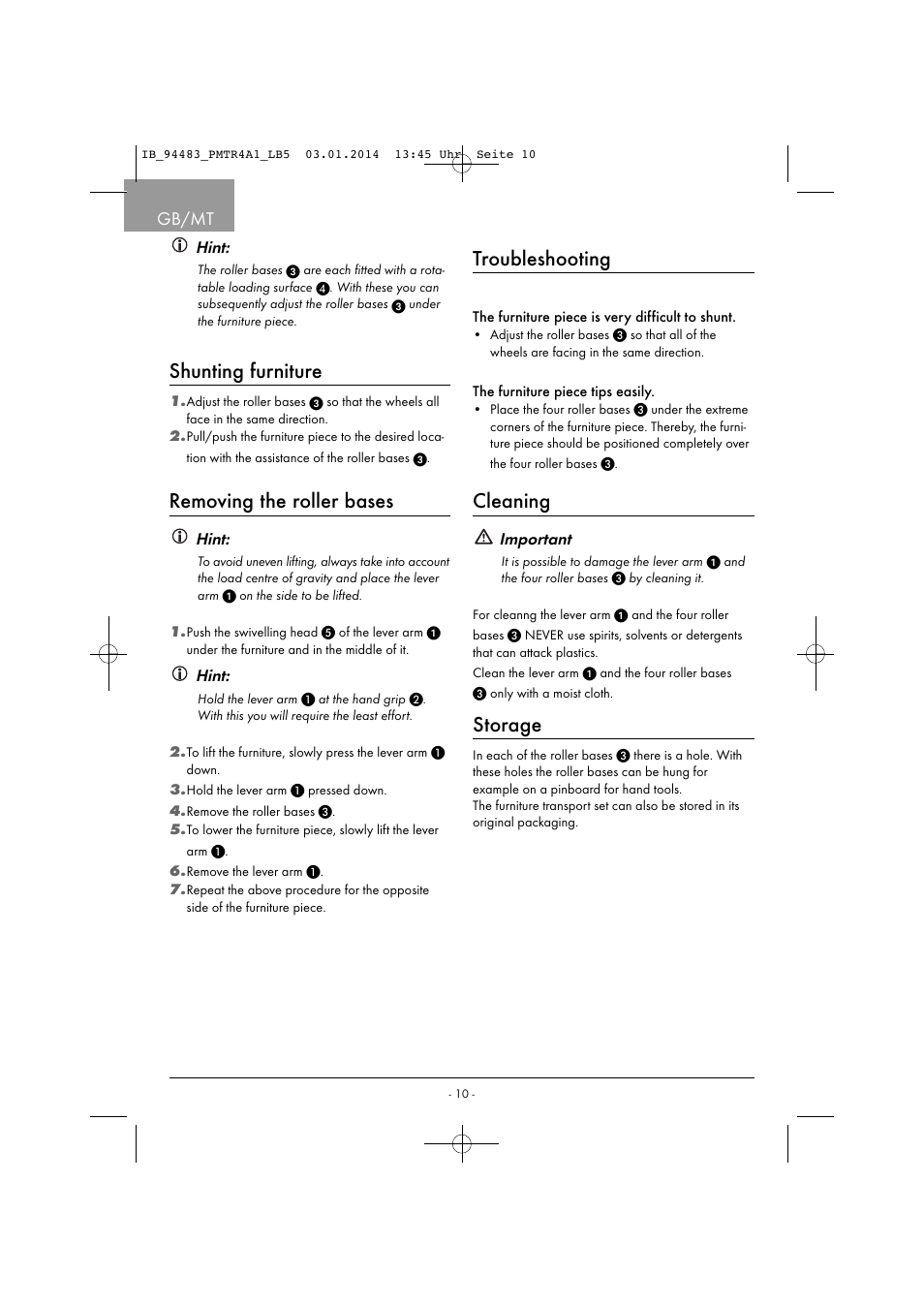 Shunting furniture, Removing the roller bases, Troubleshooting | Cleaning, Storage, Gb/mt, Hint, Important | Powerfix PMTR 4 A1 User Manual | Page 13 / 21