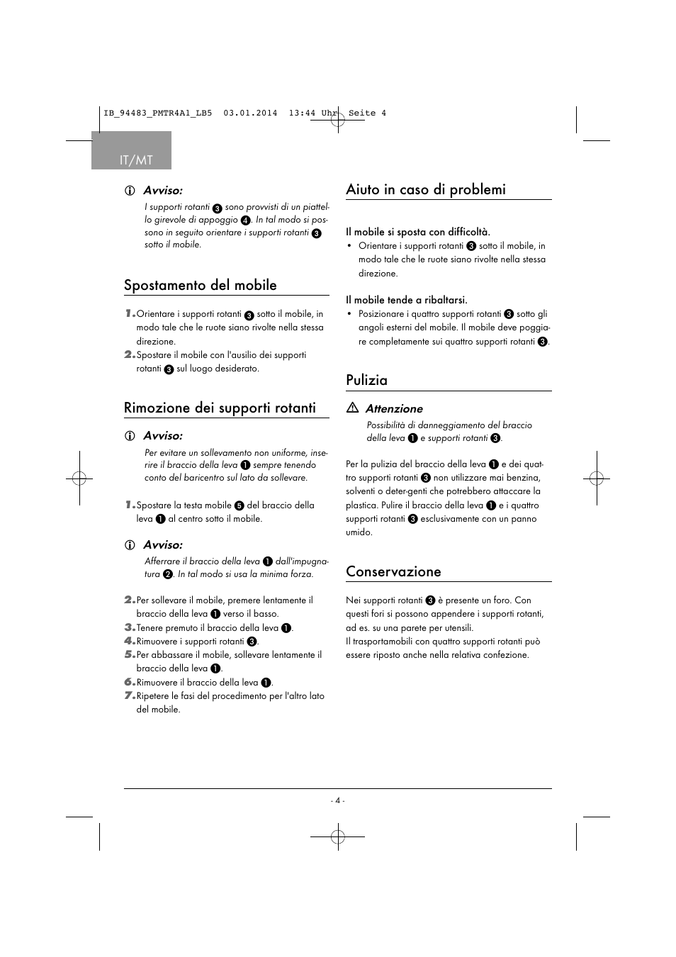 Spostamento del mobile, Rimozione dei supporti rotanti, Aiuto in caso di problemi | Pulizia, Conservazione, It/mt, Avviso, Attenzione | Powerfix PMTR 4 A1 User Manual | Page 7 / 21