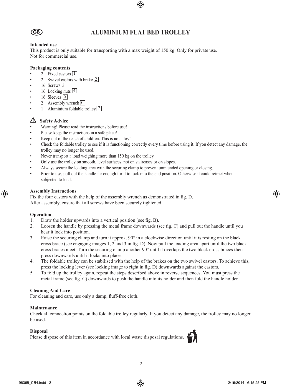 Aluminium flat bed trolley | Powerfix Z32056 User Manual | Page 3 / 17