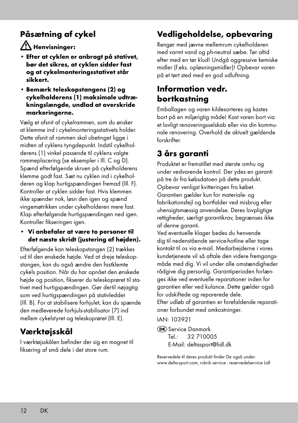 Vedligeholdelse, opbevaring, Information vedr. bortkastning, 3 års garanti | Påsætning af cykel, Værktøjsskål | Powerfix Bike Workstand User Manual | Page 10 / 22