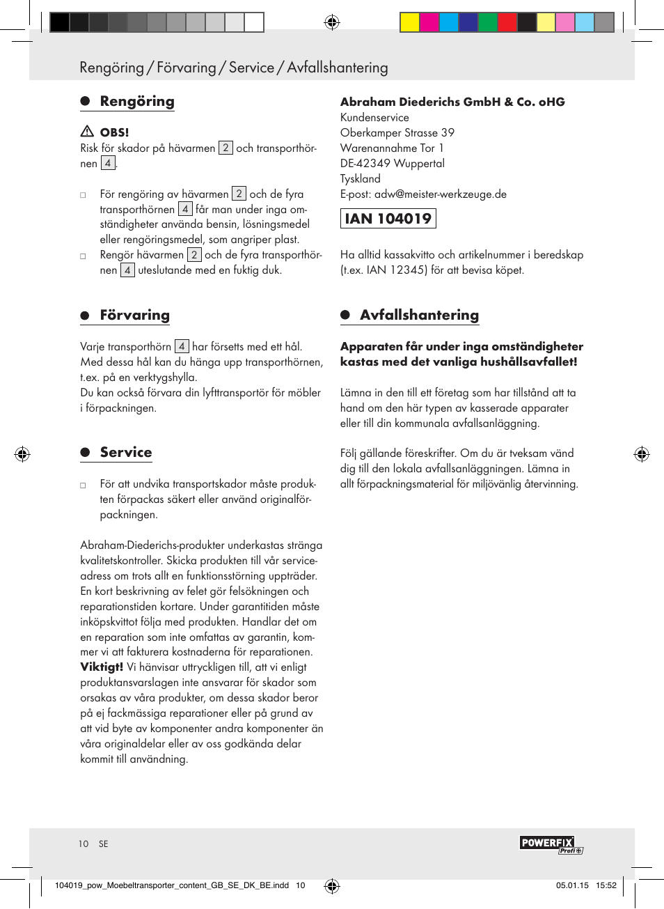 Rengöring, Förvaring, Service | Avfallshantering | Powerfix FURNITURE TRANSPORT SET User Manual | Page 10 / 25