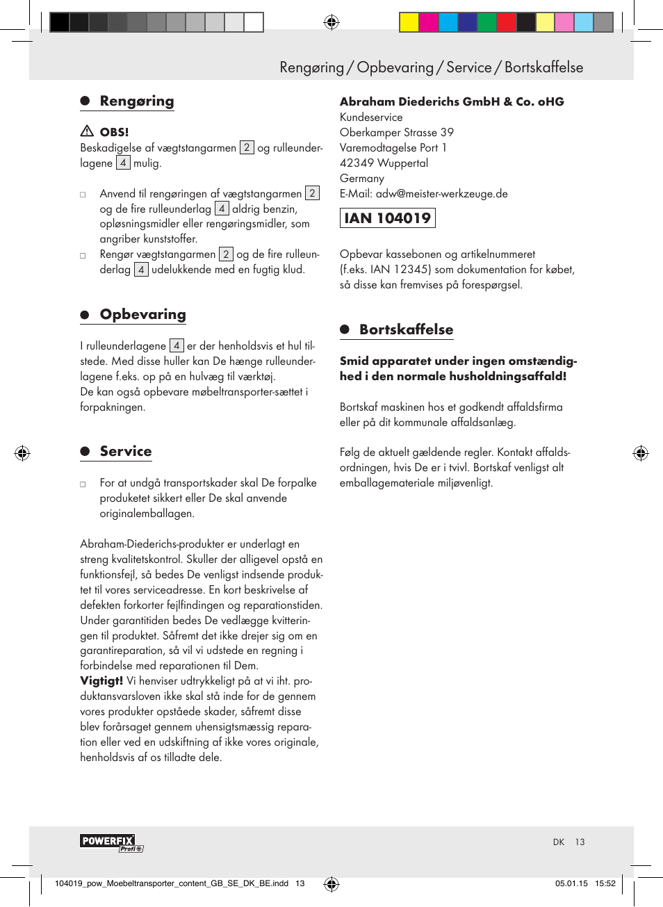 Rengøring, Opbevaring, Service | Bortskaffelse | Powerfix FURNITURE TRANSPORT SET User Manual | Page 13 / 25