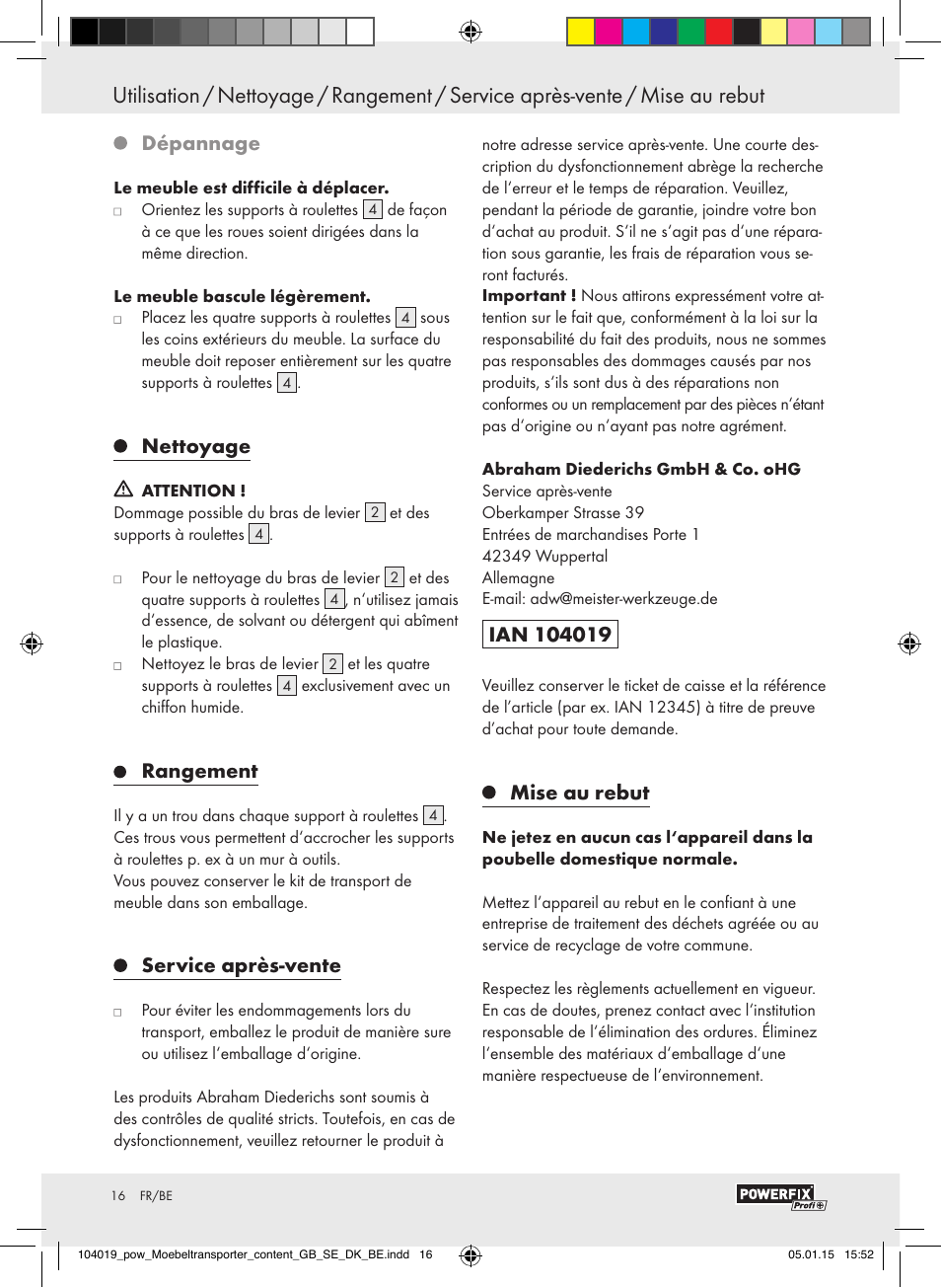 Inleiding / veiligheidsinstructies, Dépannage, Nettoyage | Rangement, Service après-vente, Mise au rebut | Powerfix FURNITURE TRANSPORT SET User Manual | Page 16 / 25