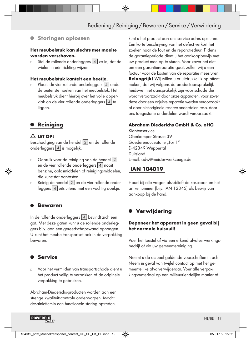 Storingen oplossen, Reiniging, Bewaren | Service, Verwijdering | Powerfix FURNITURE TRANSPORT SET User Manual | Page 19 / 25