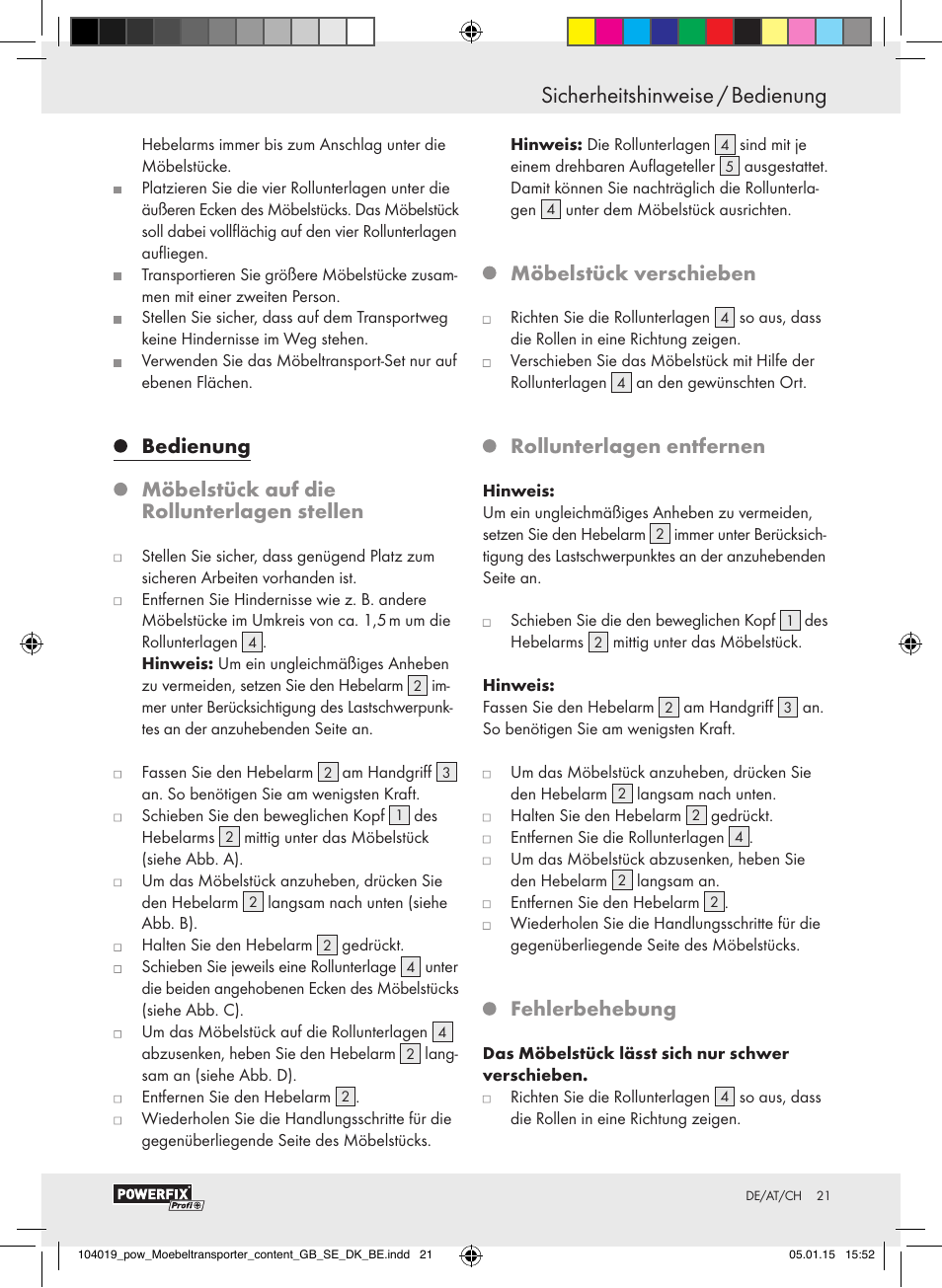 Möbelstück verschieben, Rollunterlagen entfernen, Fehlerbehebung | Powerfix FURNITURE TRANSPORT SET User Manual | Page 21 / 25