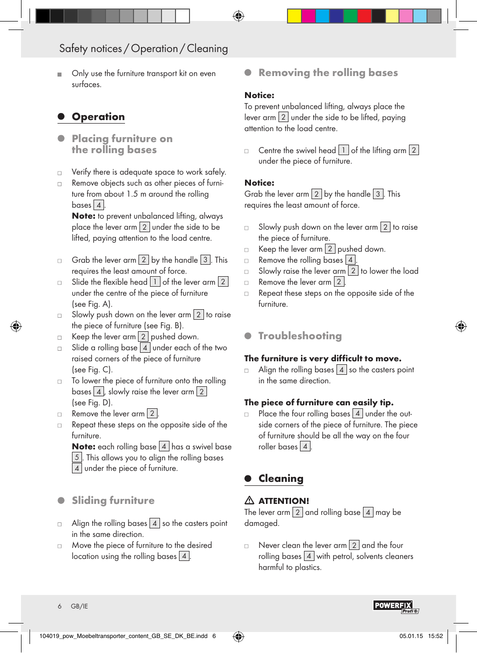 Operation placing furniture on the rolling bases, Sliding furniture, Removing the rolling bases | Troubleshooting, Cleaning | Powerfix FURNITURE TRANSPORT SET User Manual | Page 6 / 25