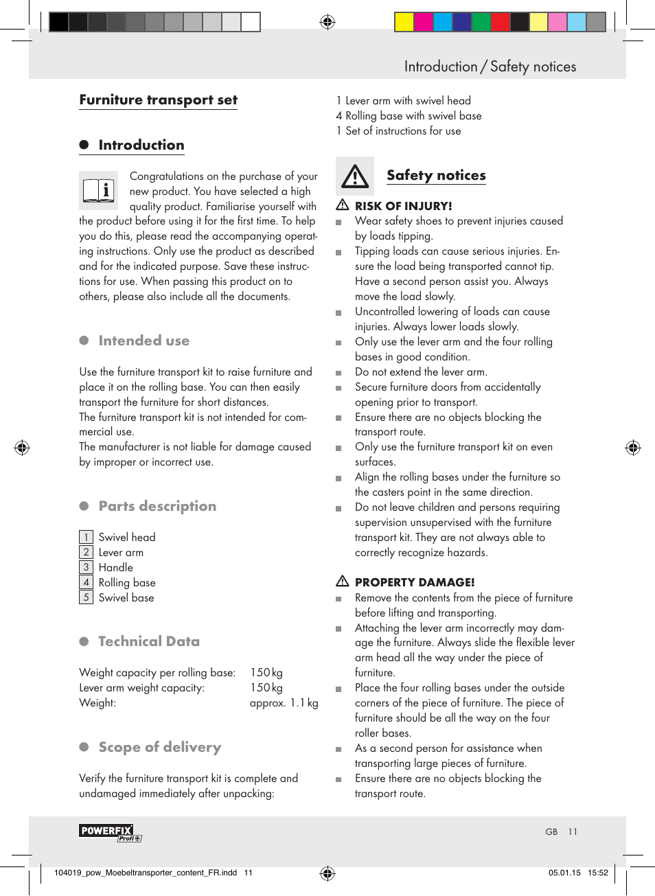 Furniture transport set, Introduction, Intended use | Parts description, Technical data, Scope of delivery, Safety notices | Powerfix FURNITURE TRANSPORT SET User Manual | Page 11 / 17