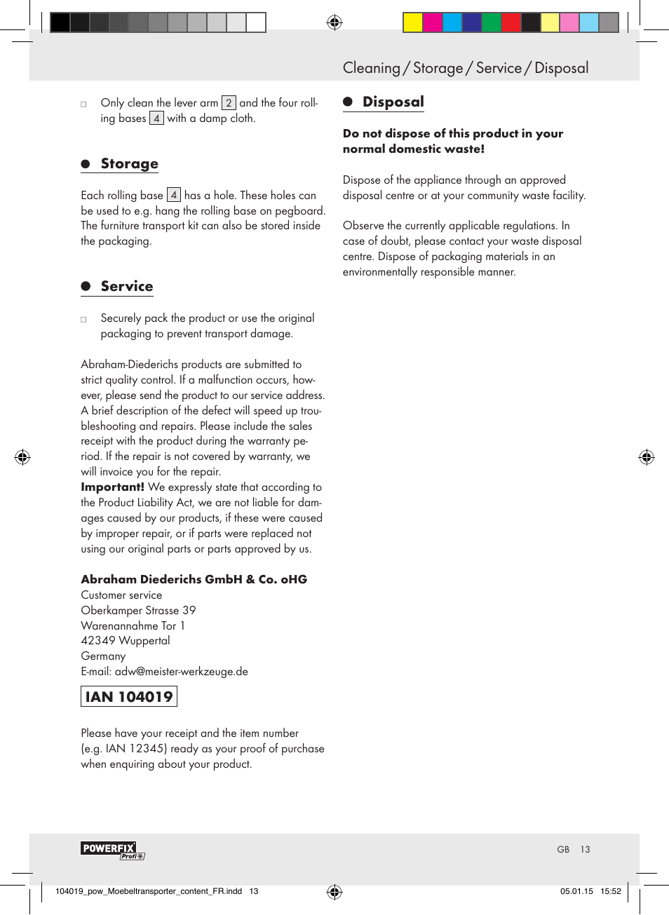 Storage, Service, Disposal | Powerfix FURNITURE TRANSPORT SET User Manual | Page 13 / 17