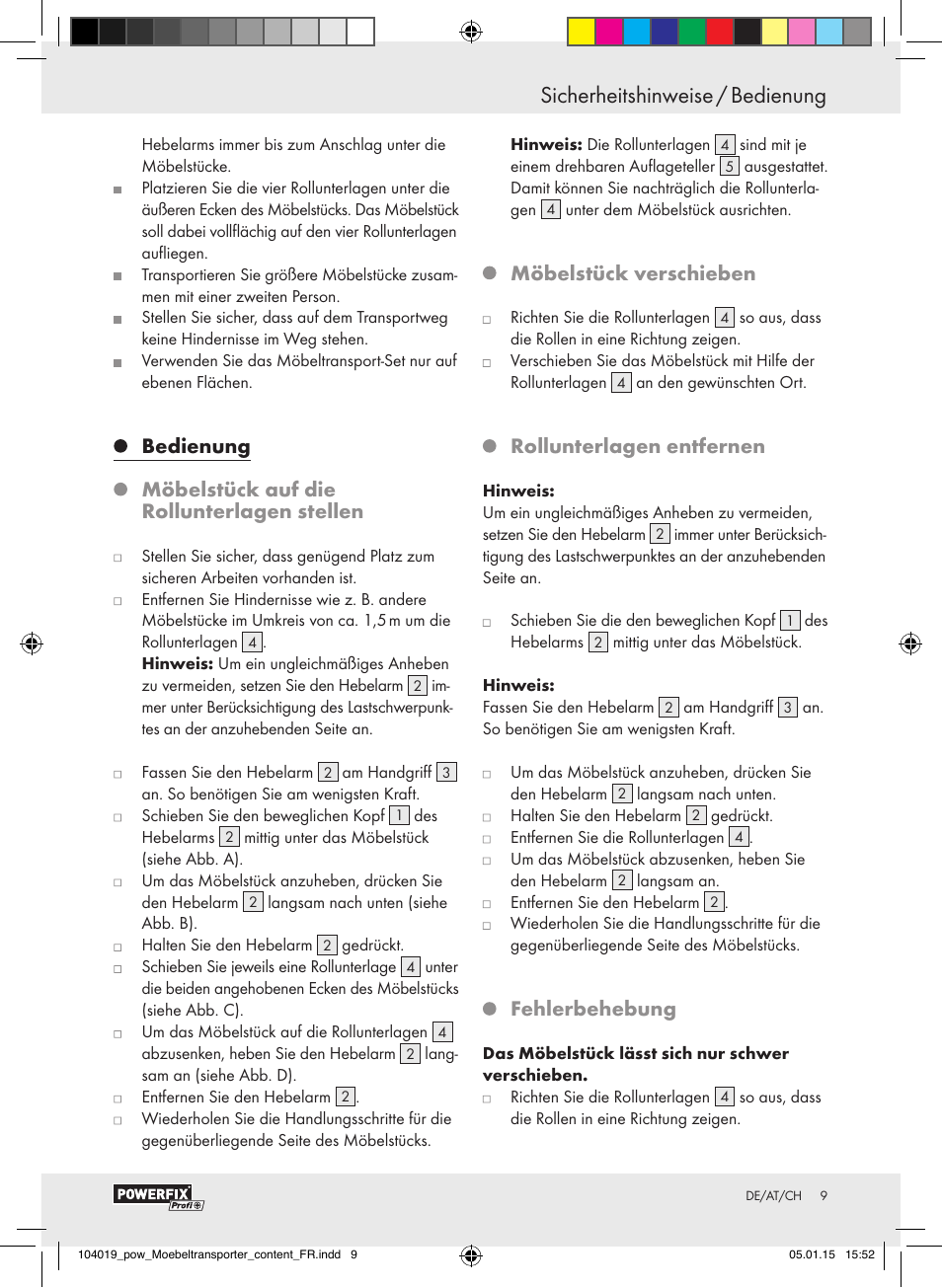 Sicherheitshinweise / bedienung, Einleitung / sicherheitshinweise, Möbelstück verschieben | Rollunterlagen entfernen, Fehlerbehebung | Powerfix FURNITURE TRANSPORT SET User Manual | Page 9 / 17