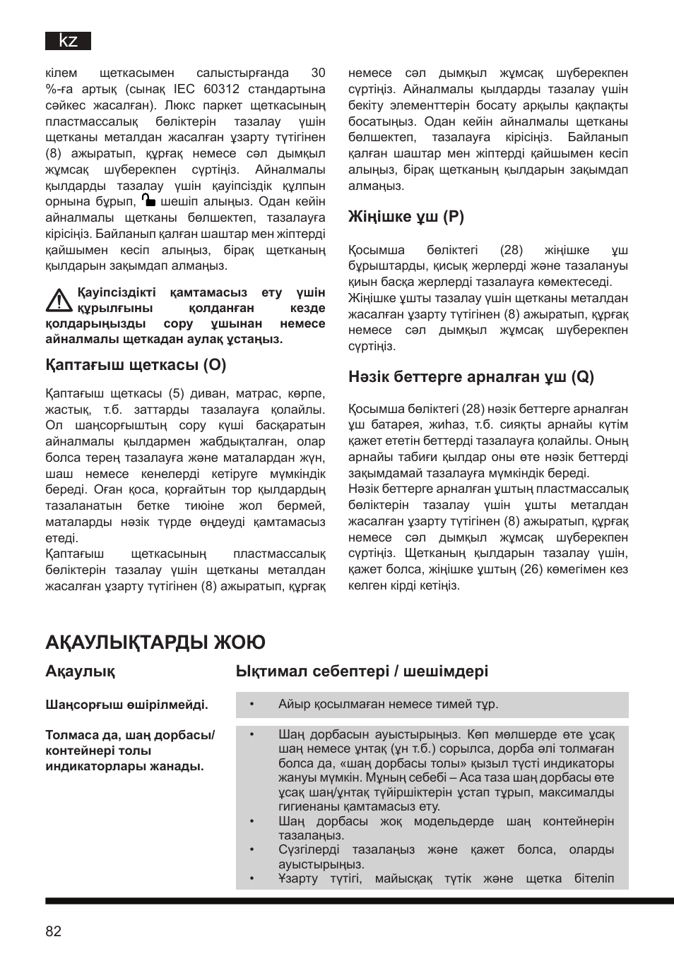 Ақаулықтарды жою, Жіңішке ұш (p), Нәзік беттерге арналған ұш (q) | Қаптағыш щеткасы (o), Ақаулық ықтимал себептері / шешімдері | Hotpoint Ariston SL D16 APR User Manual | Page 83 / 86