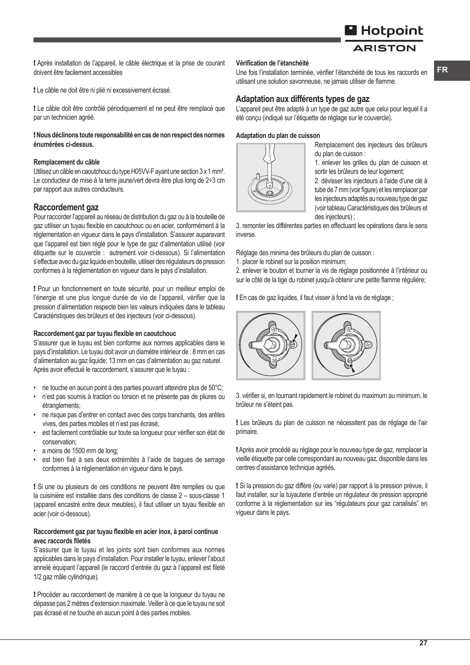 Raccordement gaz, Adaptation aux différents types de gaz | Hotpoint Ariston CP97SG1 /HA S User Manual | Page 27 / 52