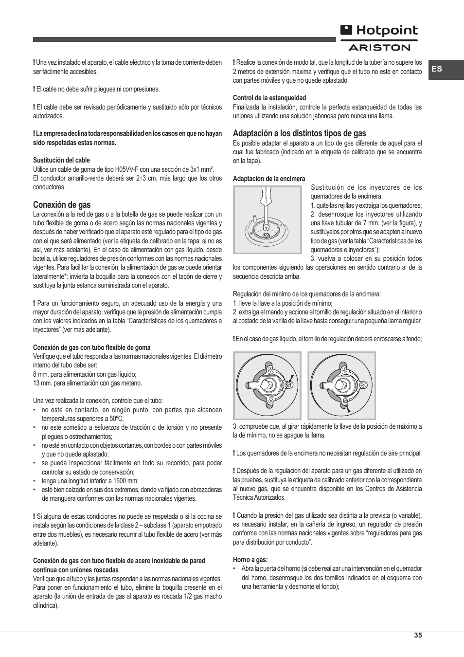Conexión de gas, Adaptación a los distintos tipos de gas | Hotpoint Ariston CP97SG1 /HA S User Manual | Page 35 / 52