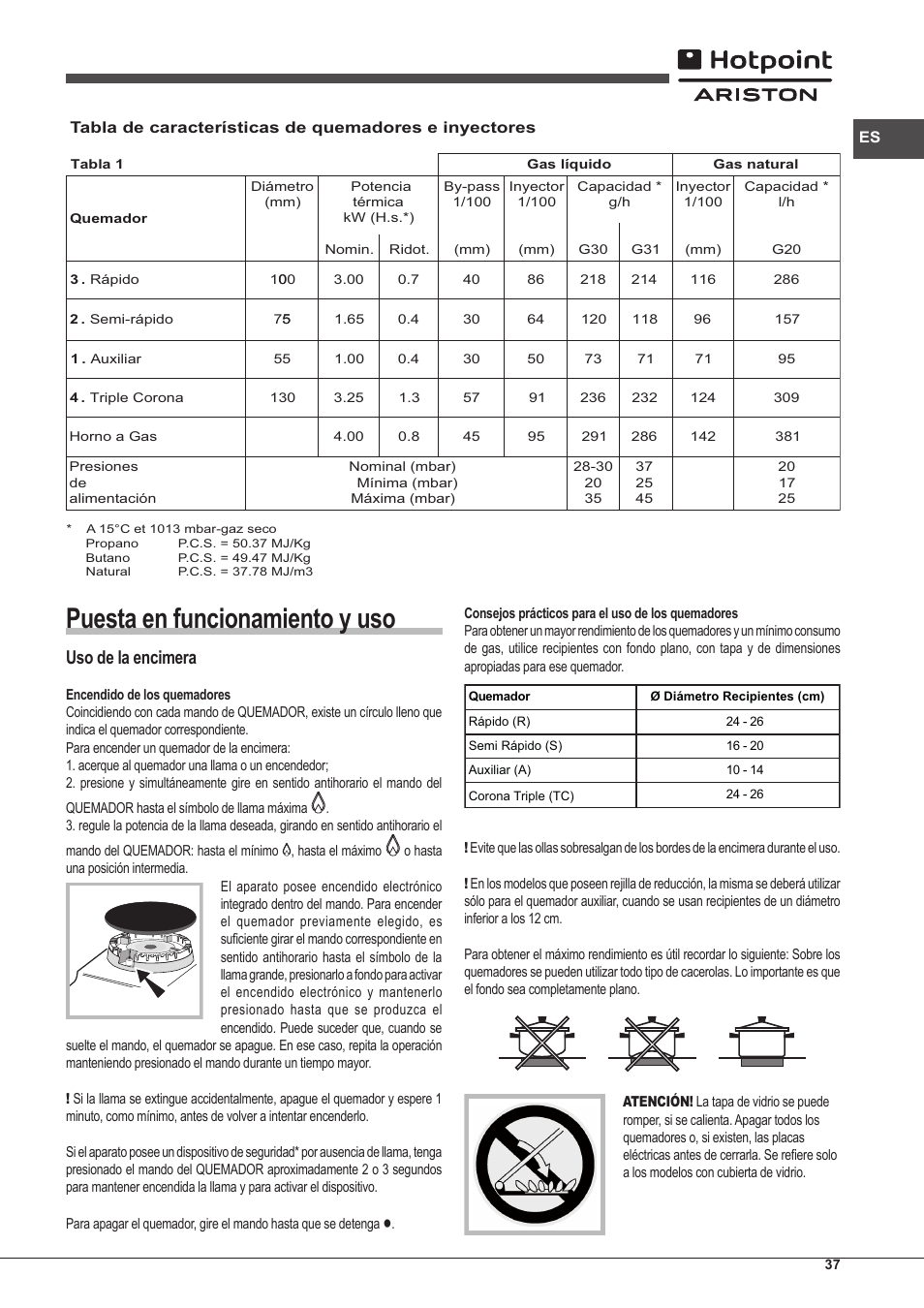 Puesta en funcionamiento y uso, Uso de la encimera | Hotpoint Ariston CP97SG1 /HA S User Manual | Page 37 / 52