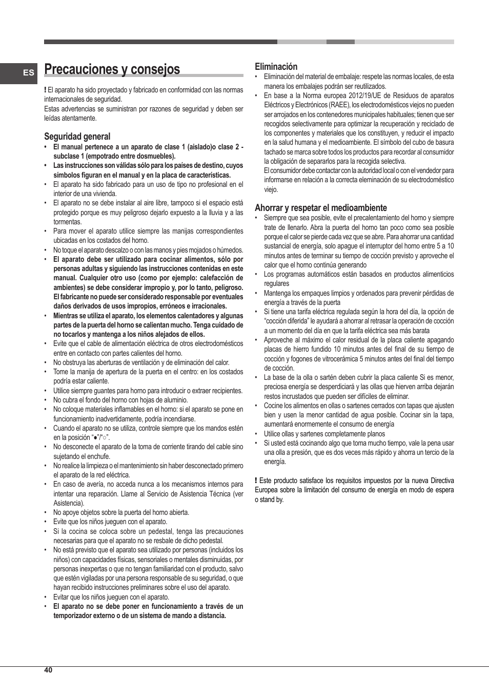 Precauciones y consejos, Seguridad general, Eliminación | Ahorrar y respetar el medioambiente | Hotpoint Ariston CP97SG1 /HA S User Manual | Page 40 / 52