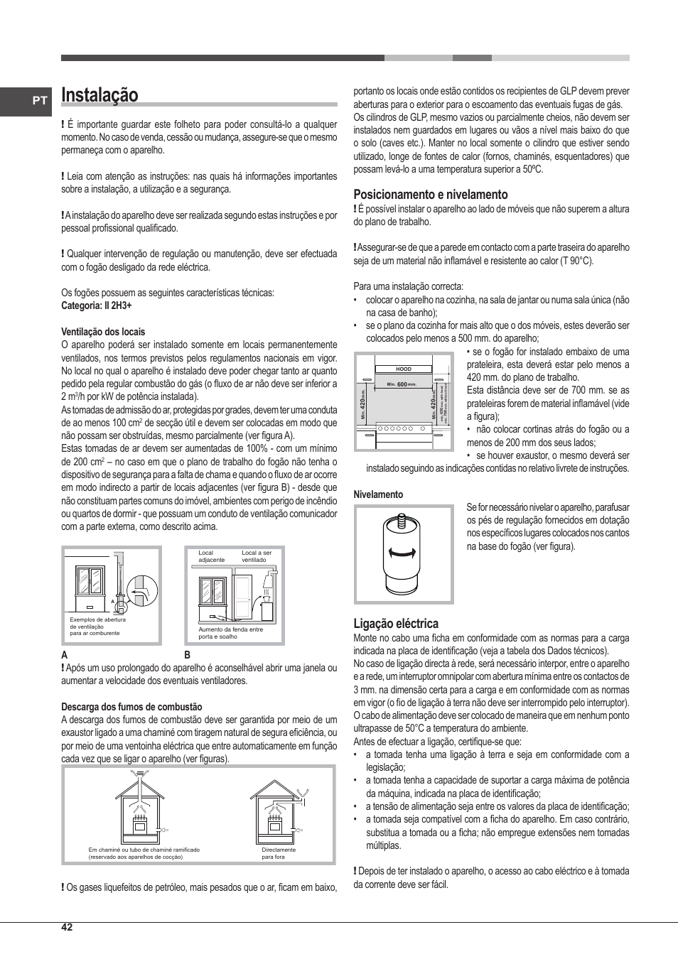 Instalação, Posicionamento e nivelamento, Ligação eléctrica | Hotpoint Ariston CP97SG1 /HA S User Manual | Page 42 / 52