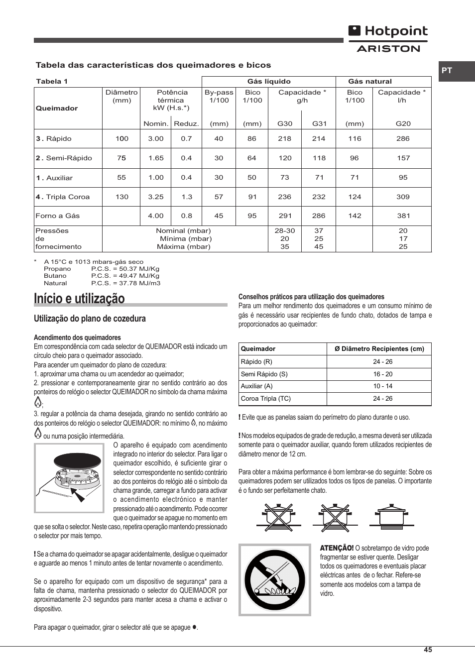 Início e utilização, Utilização do plano de cozedura | Hotpoint Ariston CP97SG1 /HA S User Manual | Page 45 / 52