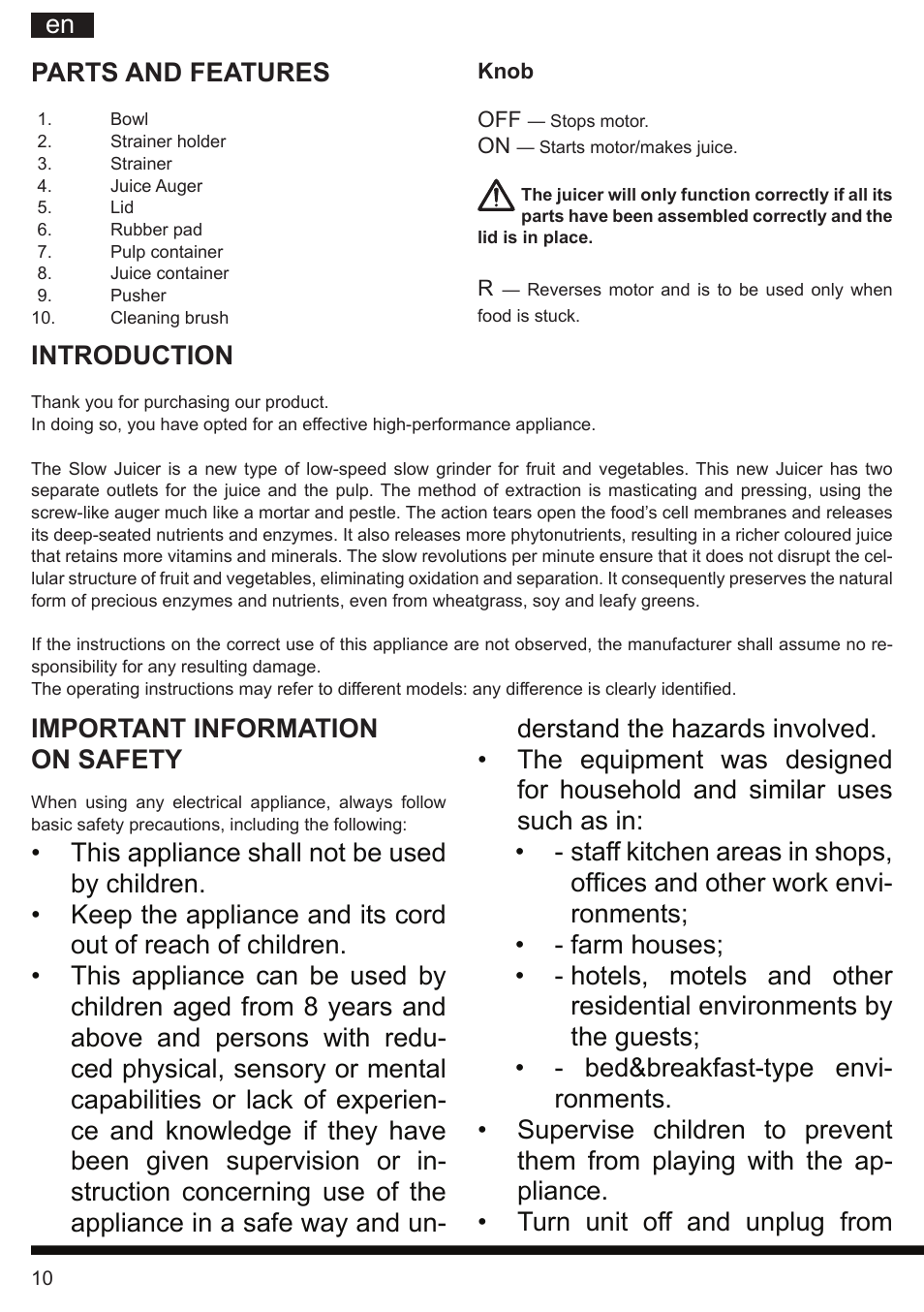 It en parts and features, Introduction, Important information on safety | Hotpoint Ariston SJ 4010 FSL0 User Manual | Page 10 / 64