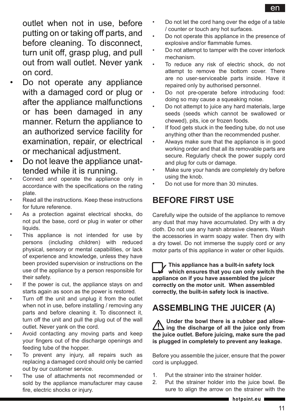 It en, Before first use, Assembling the juicer (a) | Hotpoint Ariston SJ 4010 FSL0 User Manual | Page 11 / 64