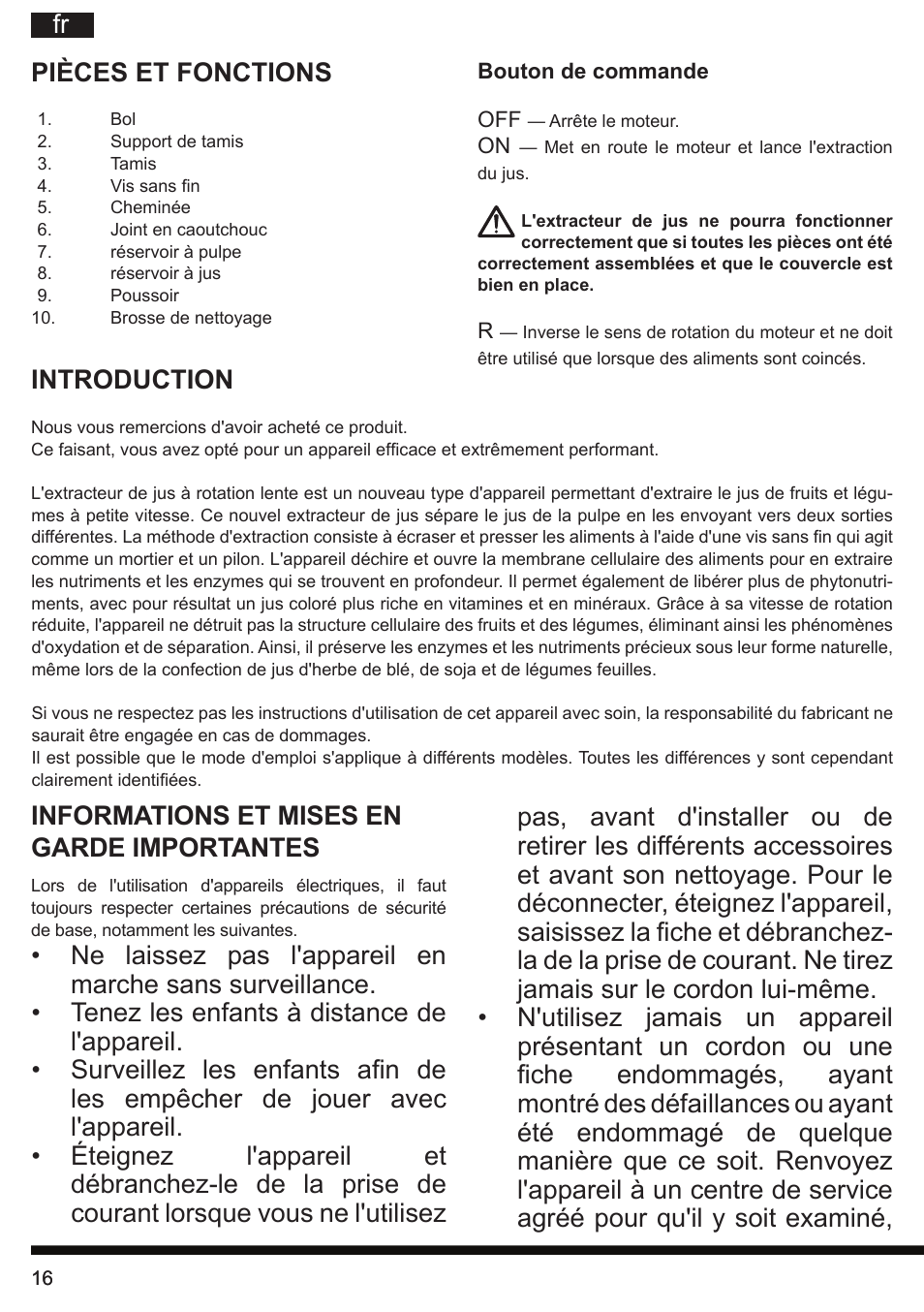 Fr pièces et fonctions, Introduction, Informations et mises en garde importantes | Hotpoint Ariston SJ 4010 FSL0 User Manual | Page 16 / 64