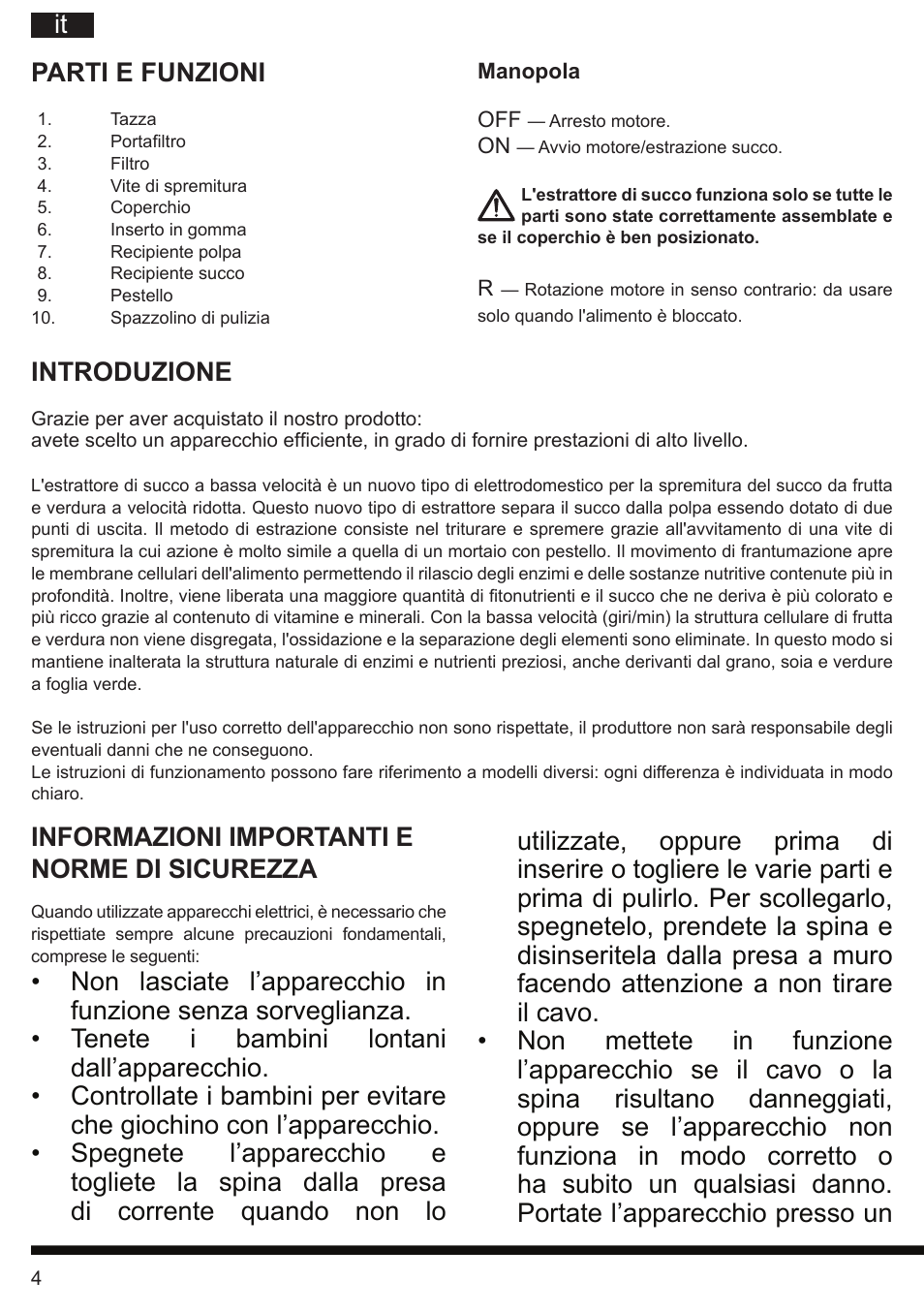 It parti e funzioni, Introduzione, Informazioni importanti e norme di sicurezza | Hotpoint Ariston SJ 4010 FSL0 User Manual | Page 4 / 64