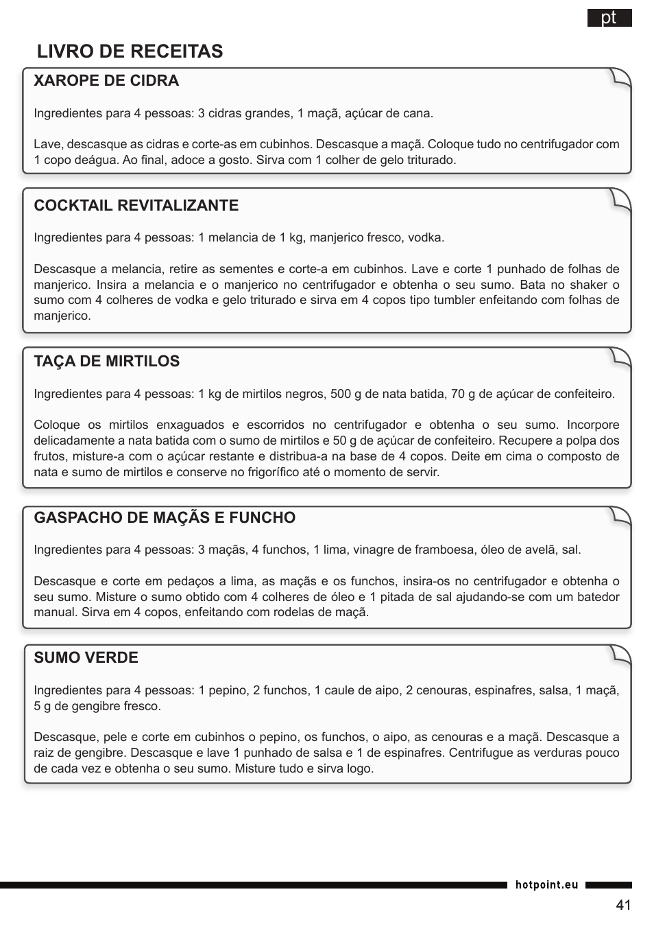 Pt livro de receitas | Hotpoint Ariston SJ 4010 FSL0 User Manual | Page 41 / 64