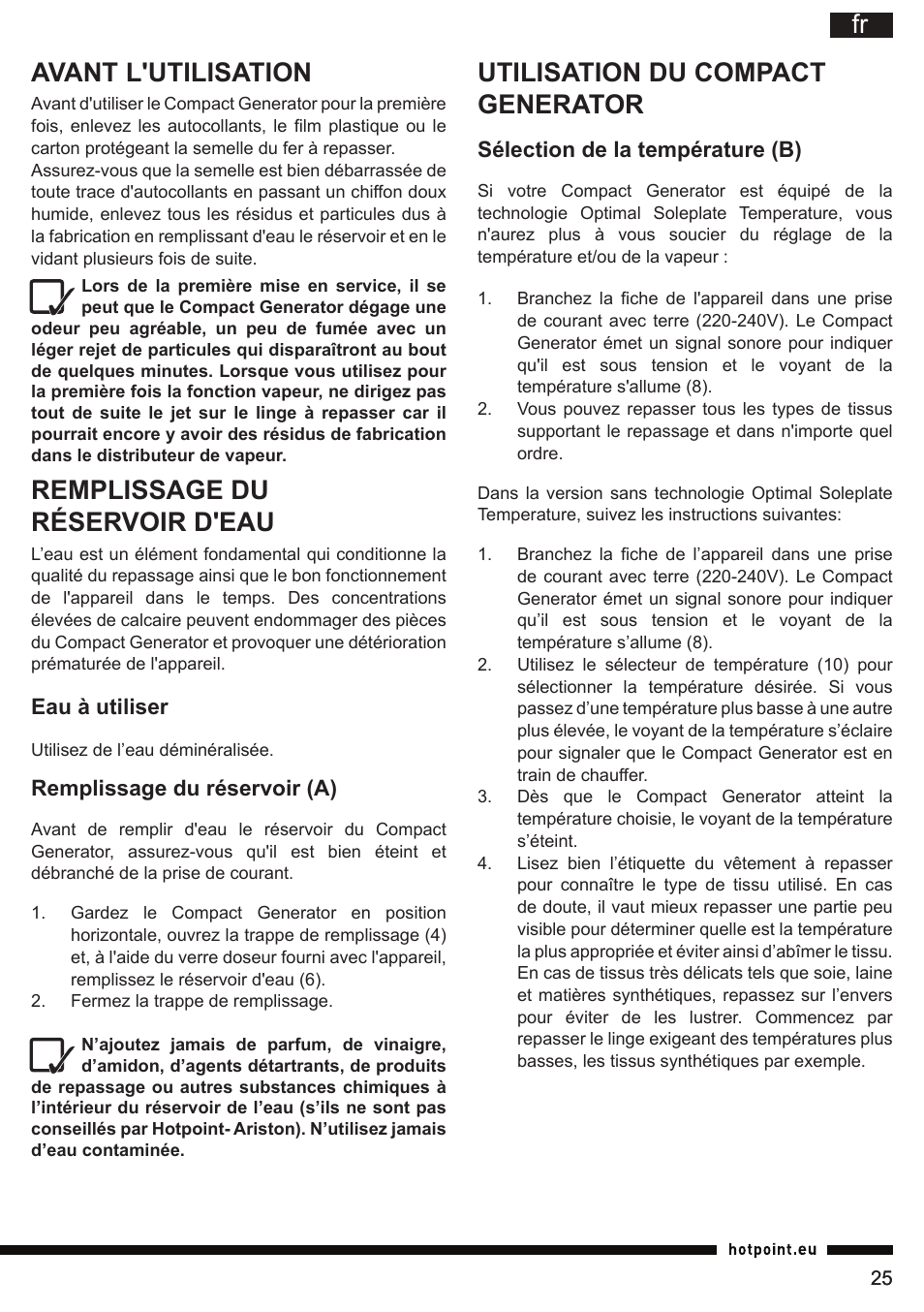 Fr avant l'utilisation, Remplissage du réservoir d'eau, Utilisation du compact generator | Hotpoint Ariston II E75 AA0 User Manual | Page 25 / 68