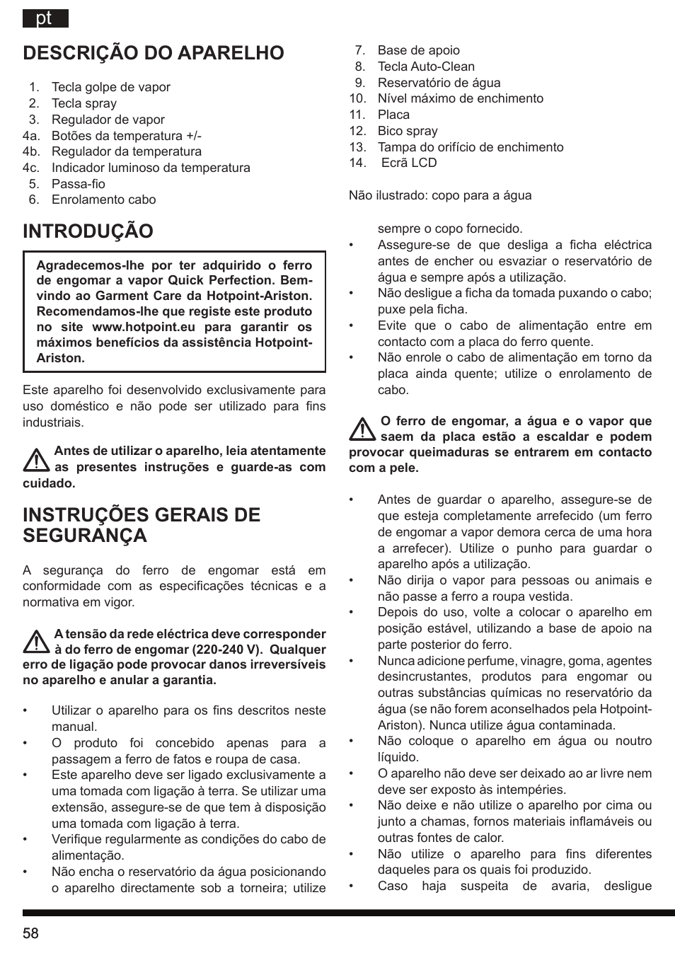 Pt descrição do aparelho, Introdução, Instruções gerais de segurança | Hotpoint Ariston SI E40 BA0 User Manual | Page 58 / 96
