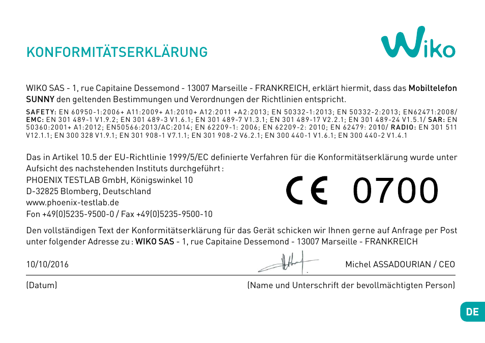 Konformitätserklärung | Wiko Sunny User Manual | Page 134 / 292