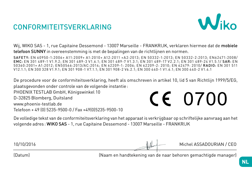 Conformiteitsverklaring | Wiko Sunny User Manual | Page 156 / 292