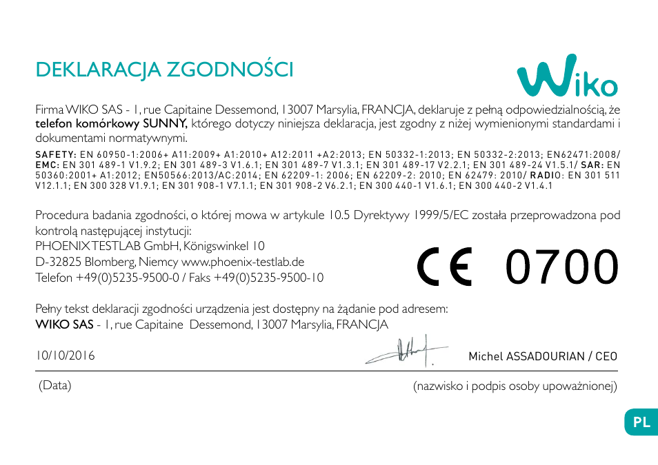 Deklaracja zgodności | Wiko Sunny User Manual | Page 199 / 292