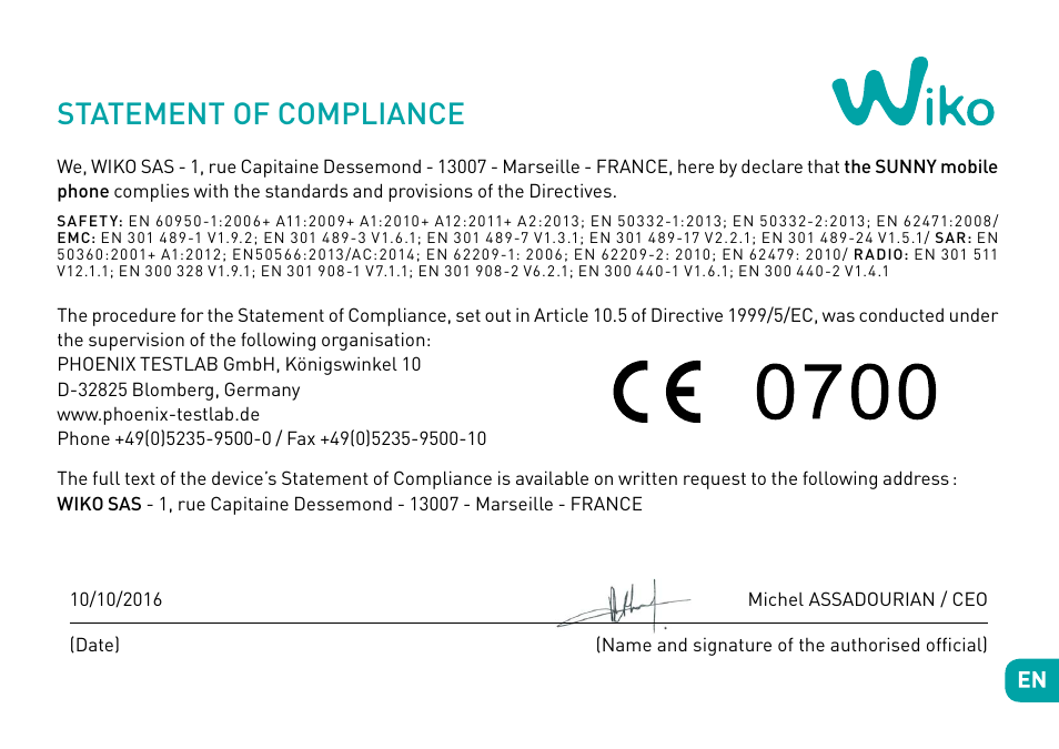 Statement of compliance | Wiko Sunny User Manual | Page 22 / 292