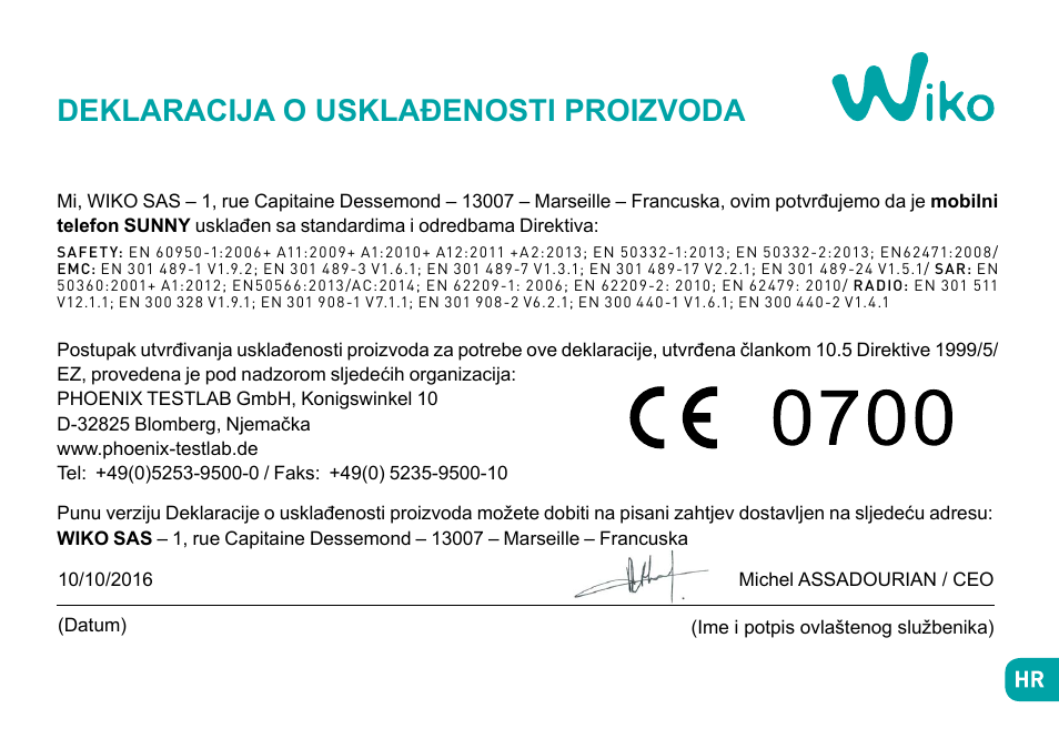 Deklaracija o usklađenosti proizvoda | Wiko Sunny User Manual | Page 221 / 292