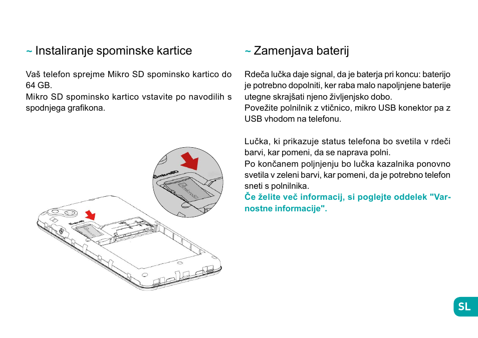 Instaliranje spominske kartice, Zamenjava baterij | Wiko Sunny User Manual | Page 230 / 292