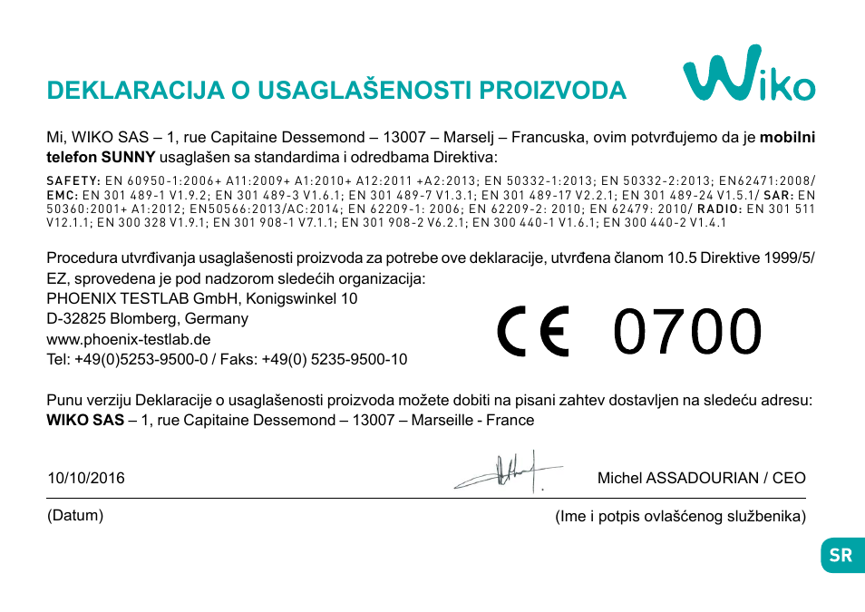 Deklaracija o usaglašenosti proizvoda | Wiko Sunny User Manual | Page 266 / 292